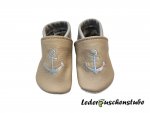 Lederpuschen beige-steingrau mit Stickerei Anker steingrau lederpuschenstube
